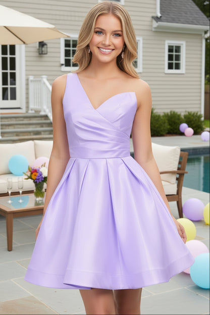 One-Shoulder Pleated Satin A-Line Mini Dress