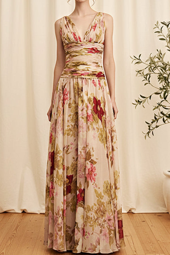 Floral Print Ruched Bodice V-Neck Evening Gown