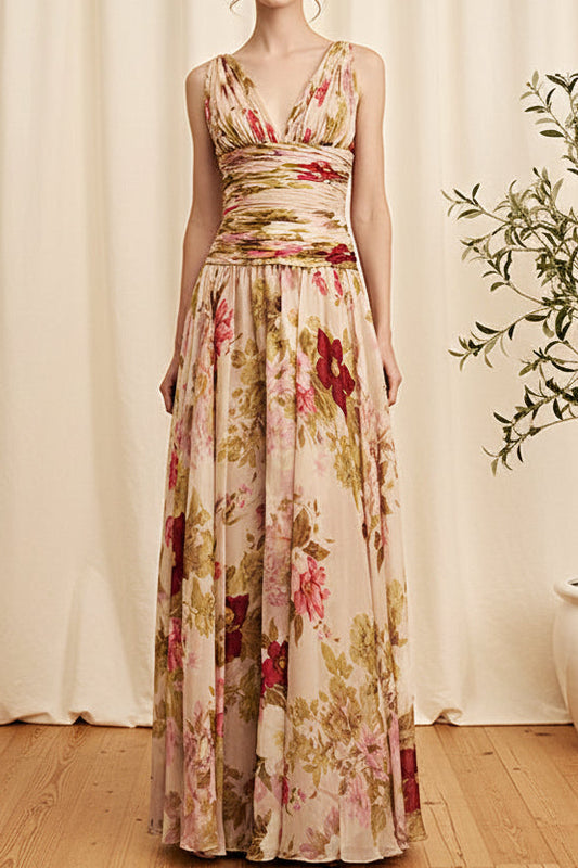 Floral Print Ruched Bodice V-Neck Evening Gown