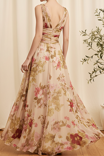 Floral Print Ruched Bodice V-Neck Evening Gown
