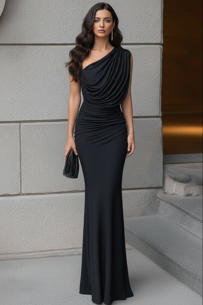Asymmetrical Cowl Neck Ruched Evening Maxi Gown