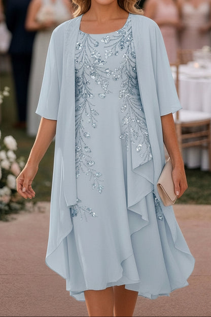 Sequin Embroidered Chiffon Dress with Cape Jacket Set