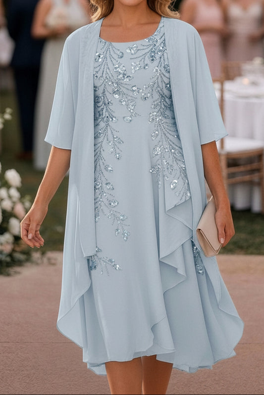 Sequin Embroidered Chiffon Dress with Cape Jacket Set