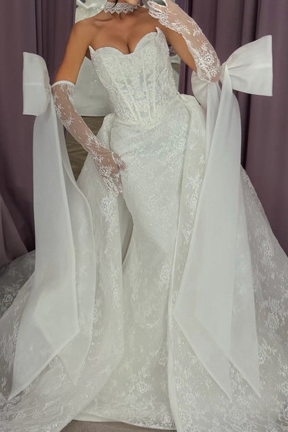 Strapless Mermaid Lace Wedding Gown with Detachable Sleeves