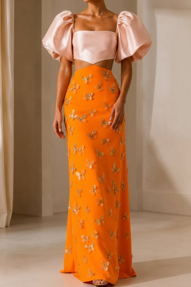 Two-Piece Gown: Puff Sleeve Top & Floral Applique Skirt