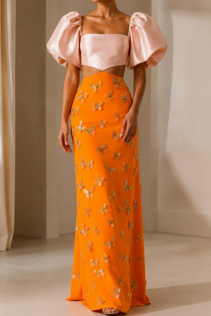 Two-Piece Gown: Puff Sleeve Top & Floral Applique Skirt