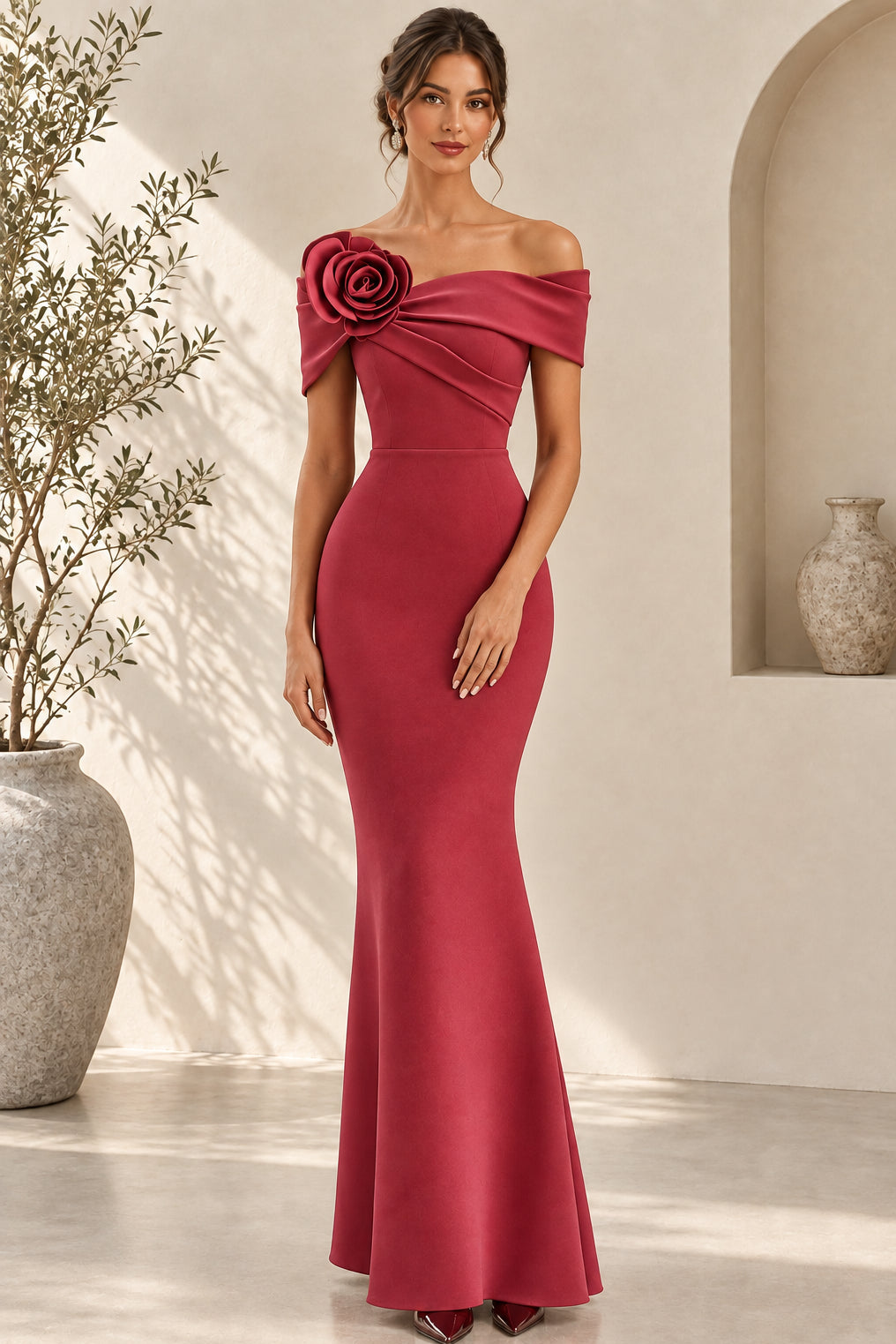 Off-the-Shoulder Rosette Mermaid Gown