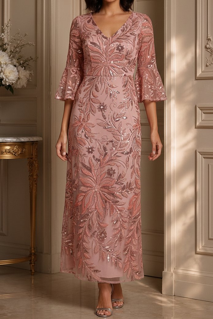 Floral Sequin V-Neck Dress with Bell Sleeves