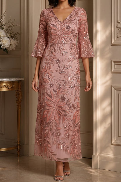 Floral Sequin V-Neck Dress with Bell Sleeves