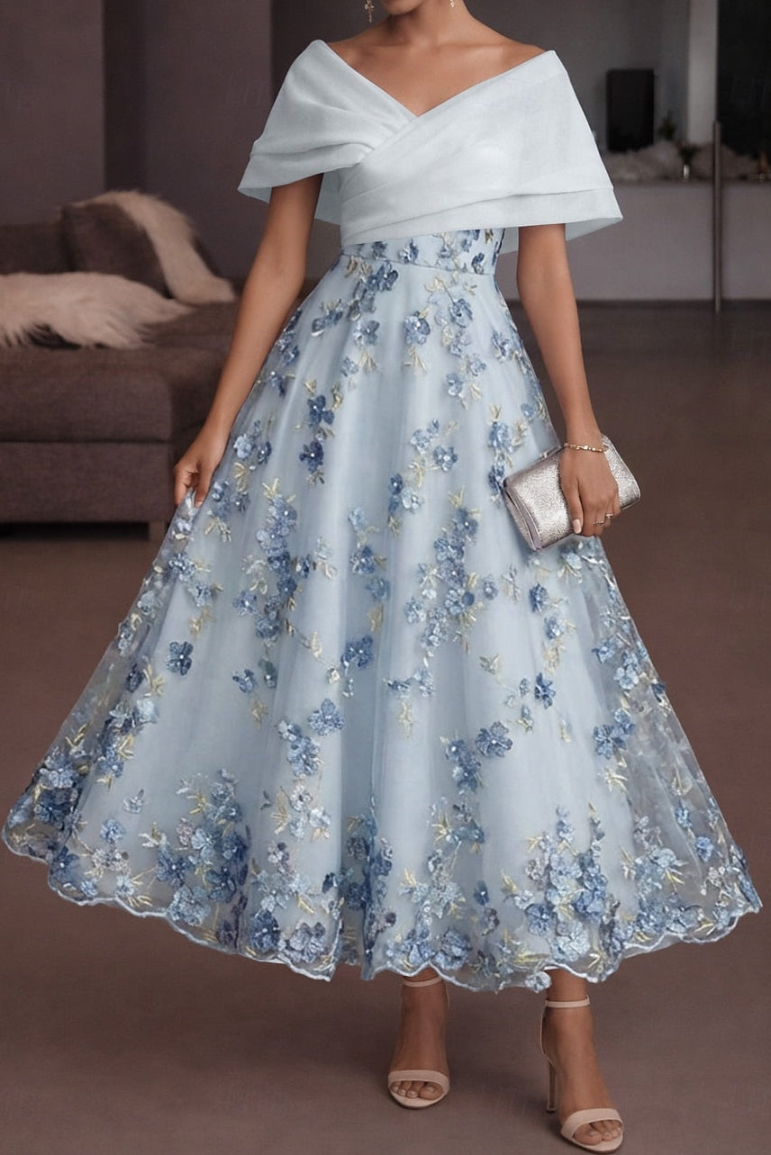 Off-Shoulder 3D Floral Tea-Length Evening Dress