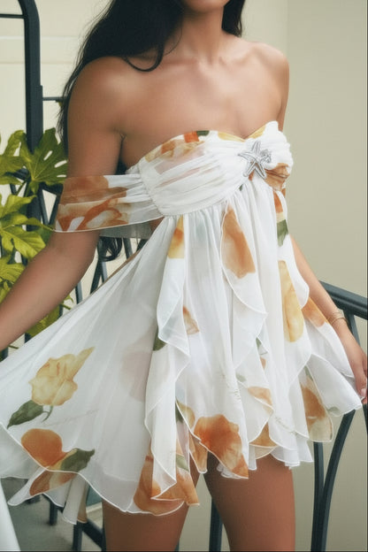Off-the-Shoulder Floral Chiffon Ruffle Mini Dress