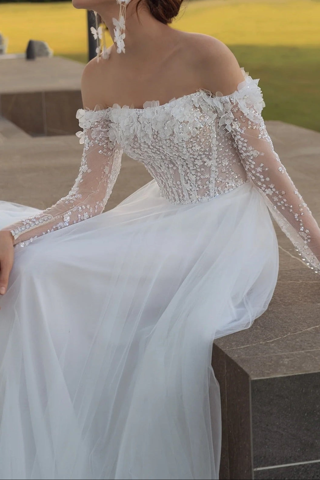 Off-Shoulder Beaded Illusion A-Line Wedding Gown