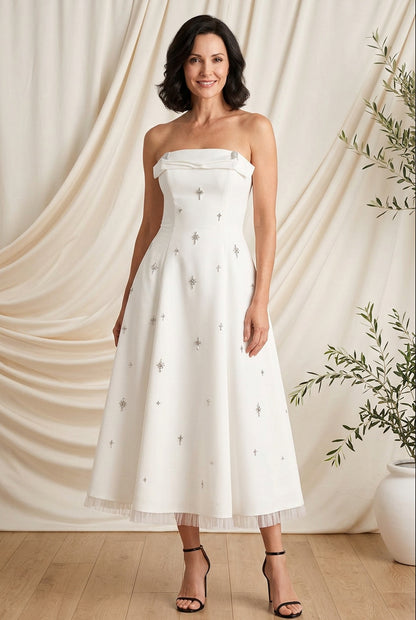Strapless Embellished Midi Dress with Fringe