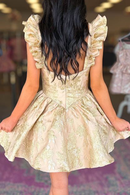 Ruffle Sleeve Corset Jacquard Mini Dress