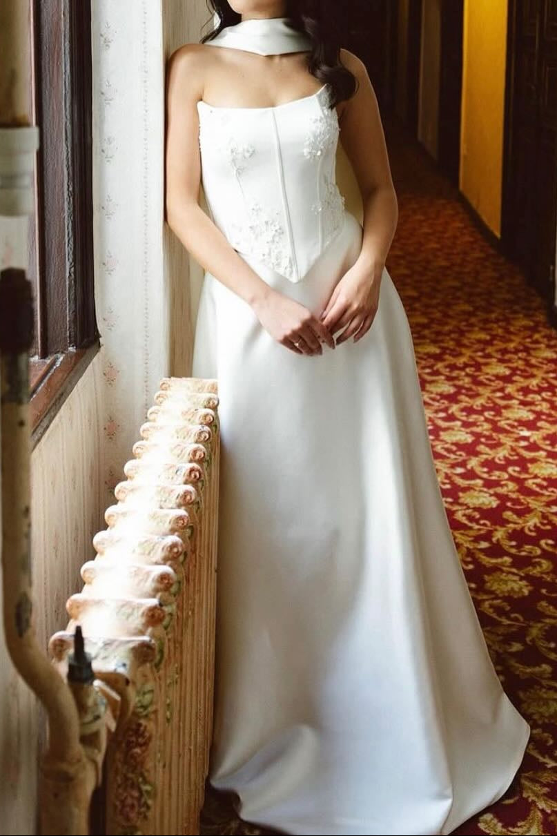 Satin A-Line Corset Wedding Dress with Watteau Train