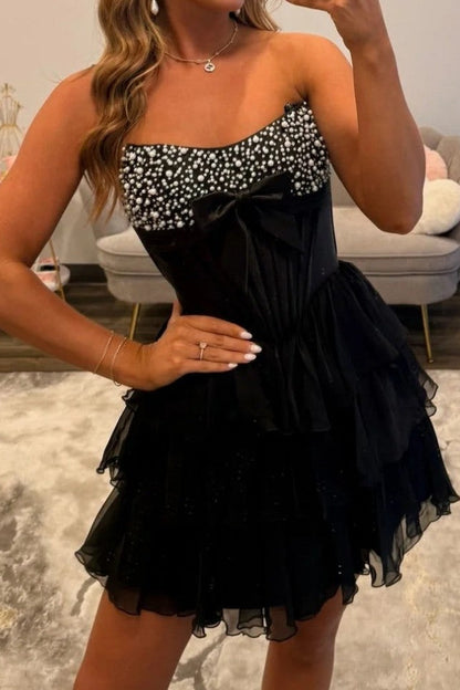 Strapless Pearl Corset Tiered Ruffle Mini Dress