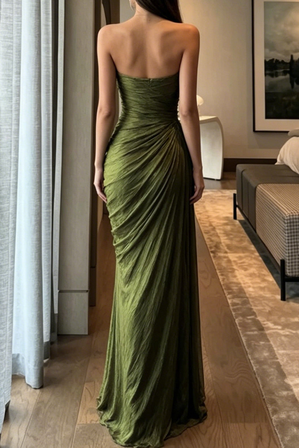 Strapless Ruched Draped Floor-Length Evening Gown