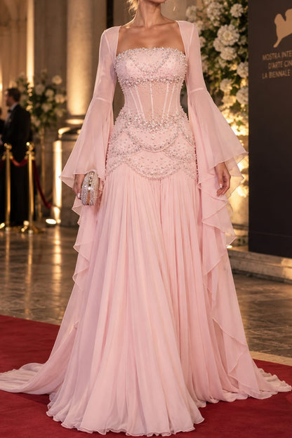 Beaded Corset Evening Gown with Bell Sleeves