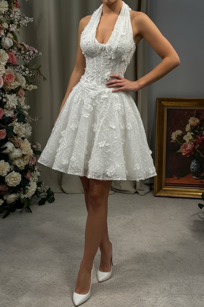 Halter Neck 3D Flower A-Line Mini Dress