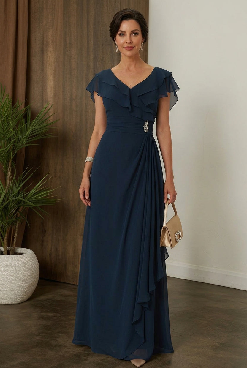 V-Neck Flutter Sleeve Gown with Side Draping