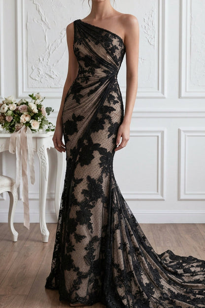 One-Shoulder Ruched Floral Lace Mermaid Evening Gown