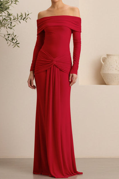 Off-the-Shoulder Long Sleeve Ruched Maxi Gown