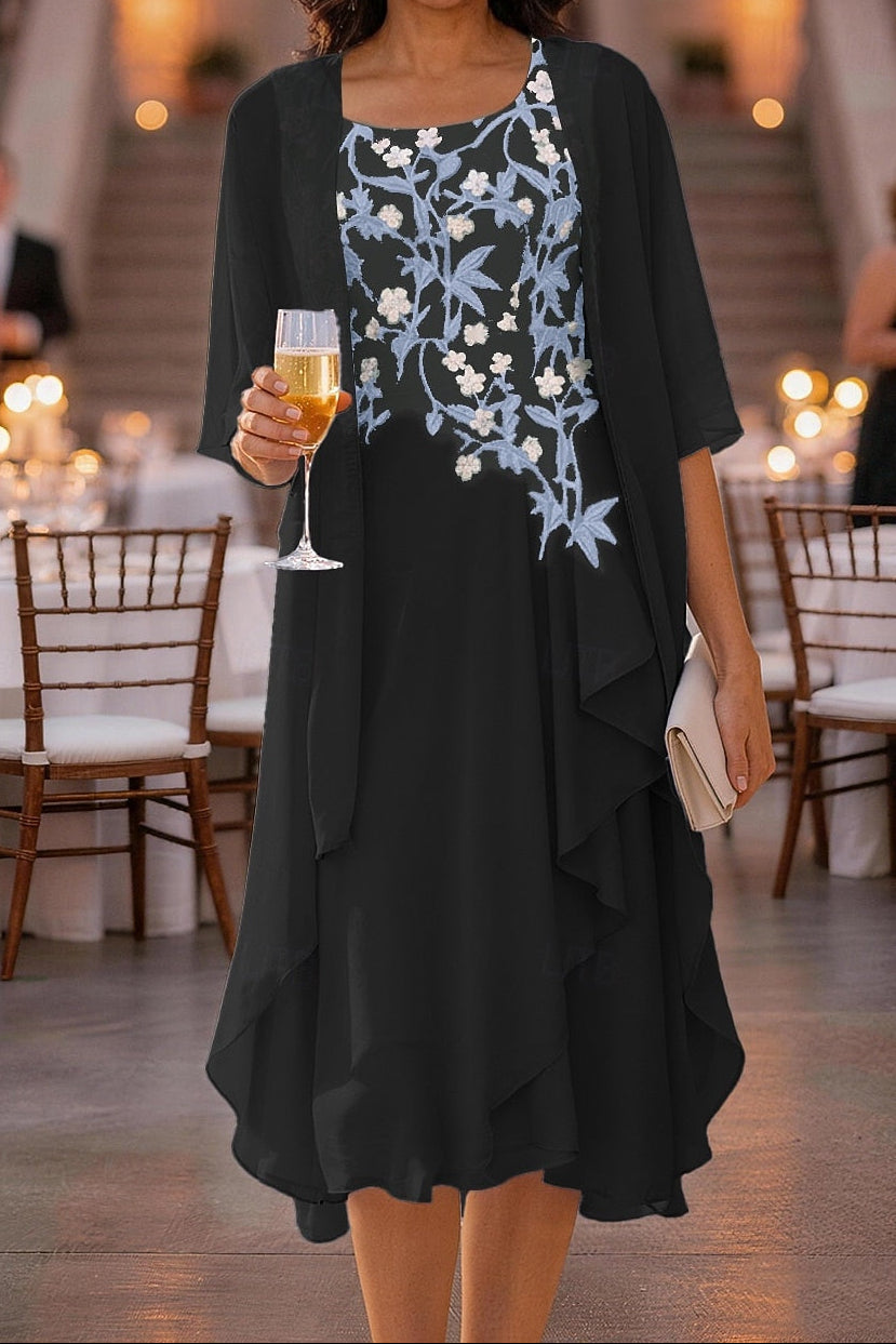 Embroidered Midi Dress with Sheer Jacket