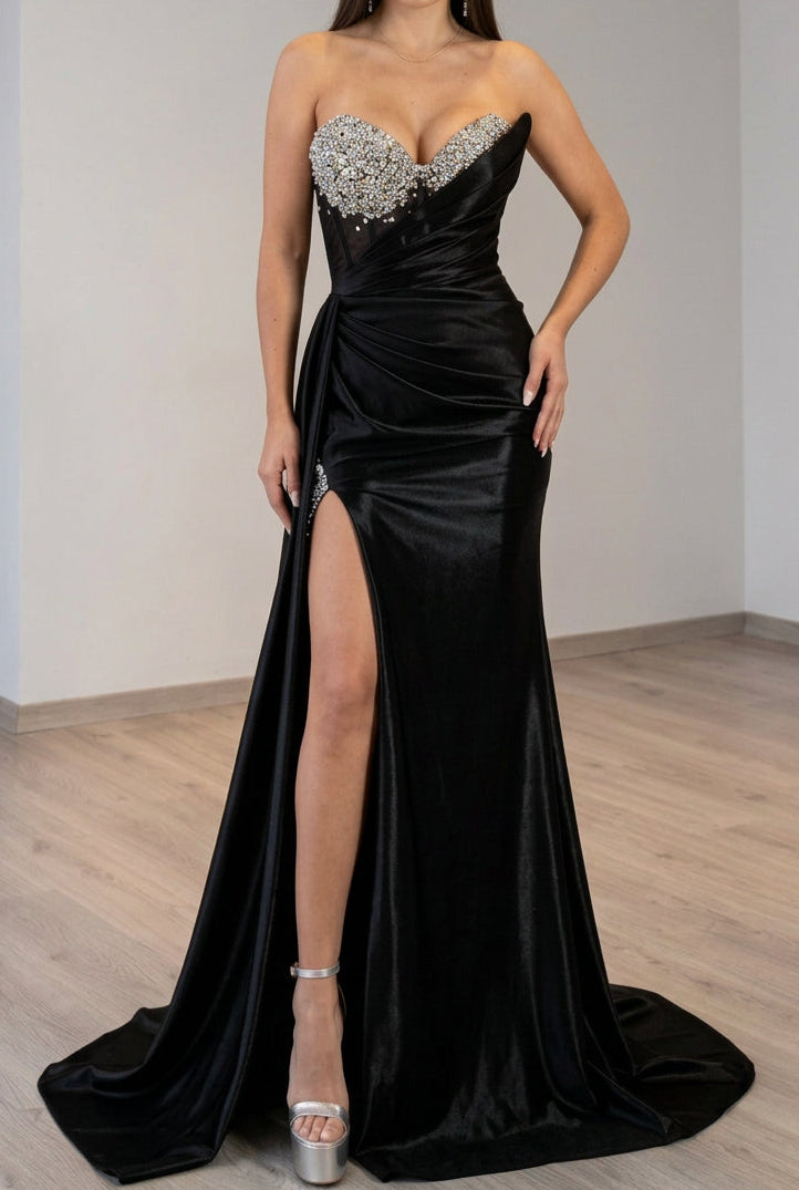 Strapless Crystal Corset Gown with Thigh Slit
