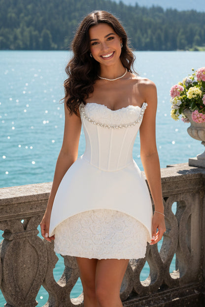 Strapless Corset Mini Dress With Layered Lace Skirt