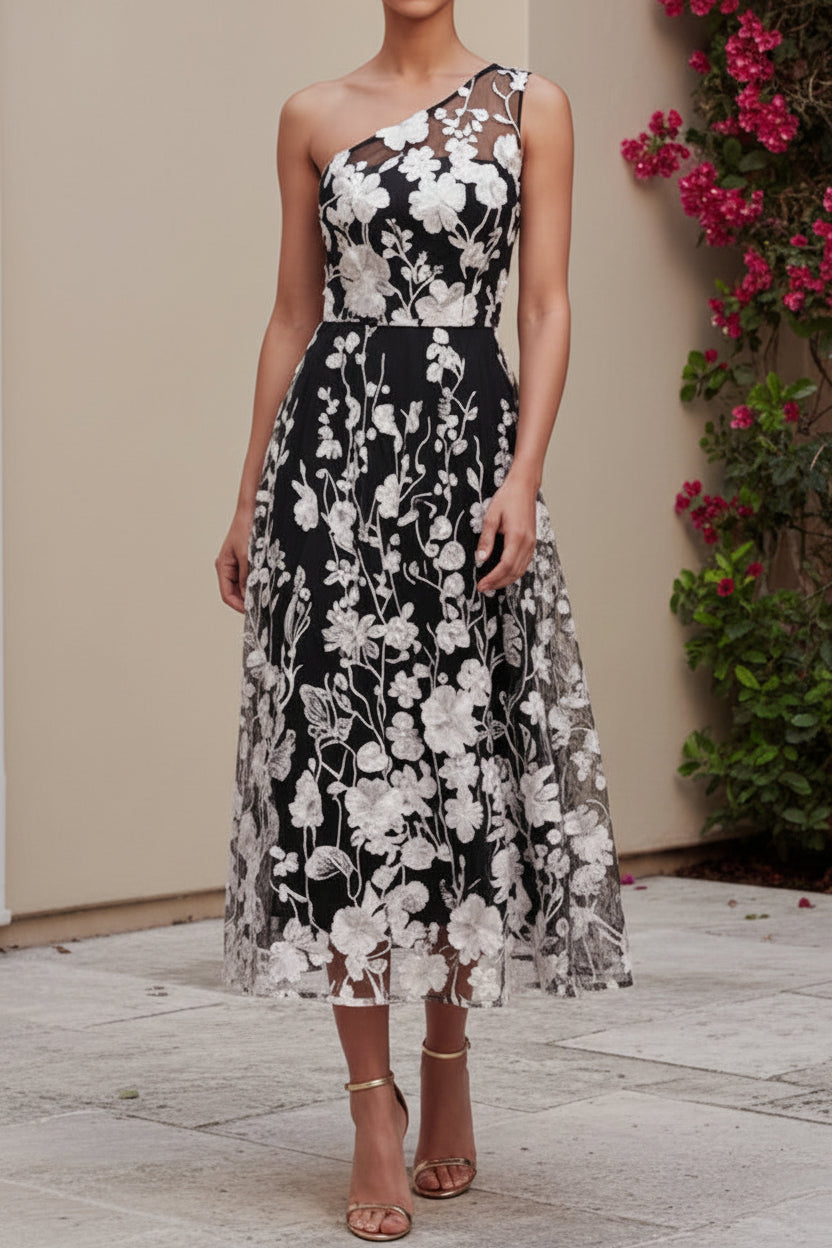 One-Shoulder 3D Floral Applique Midi Dress