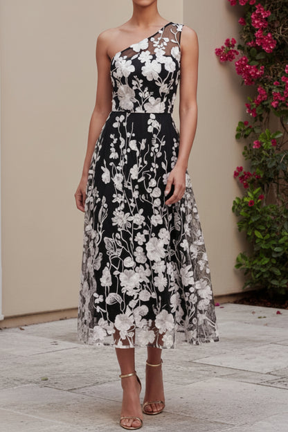 One-Shoulder 3D Floral Applique Midi Dress