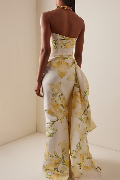 Strapless Floral Column Gown with Side Drape