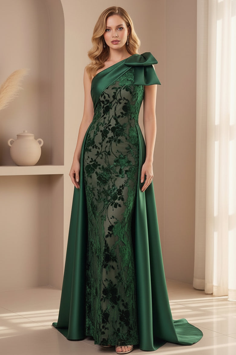 One-Shoulder Floral Velvet Gown with Satin Overskirt