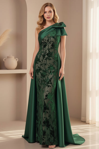 One-Shoulder Floral Velvet Gown with Satin Overskirt