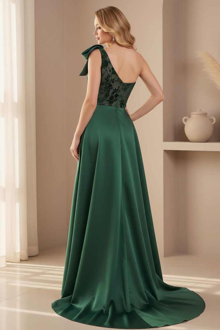 One-Shoulder Floral Velvet Gown with Satin Overskirt