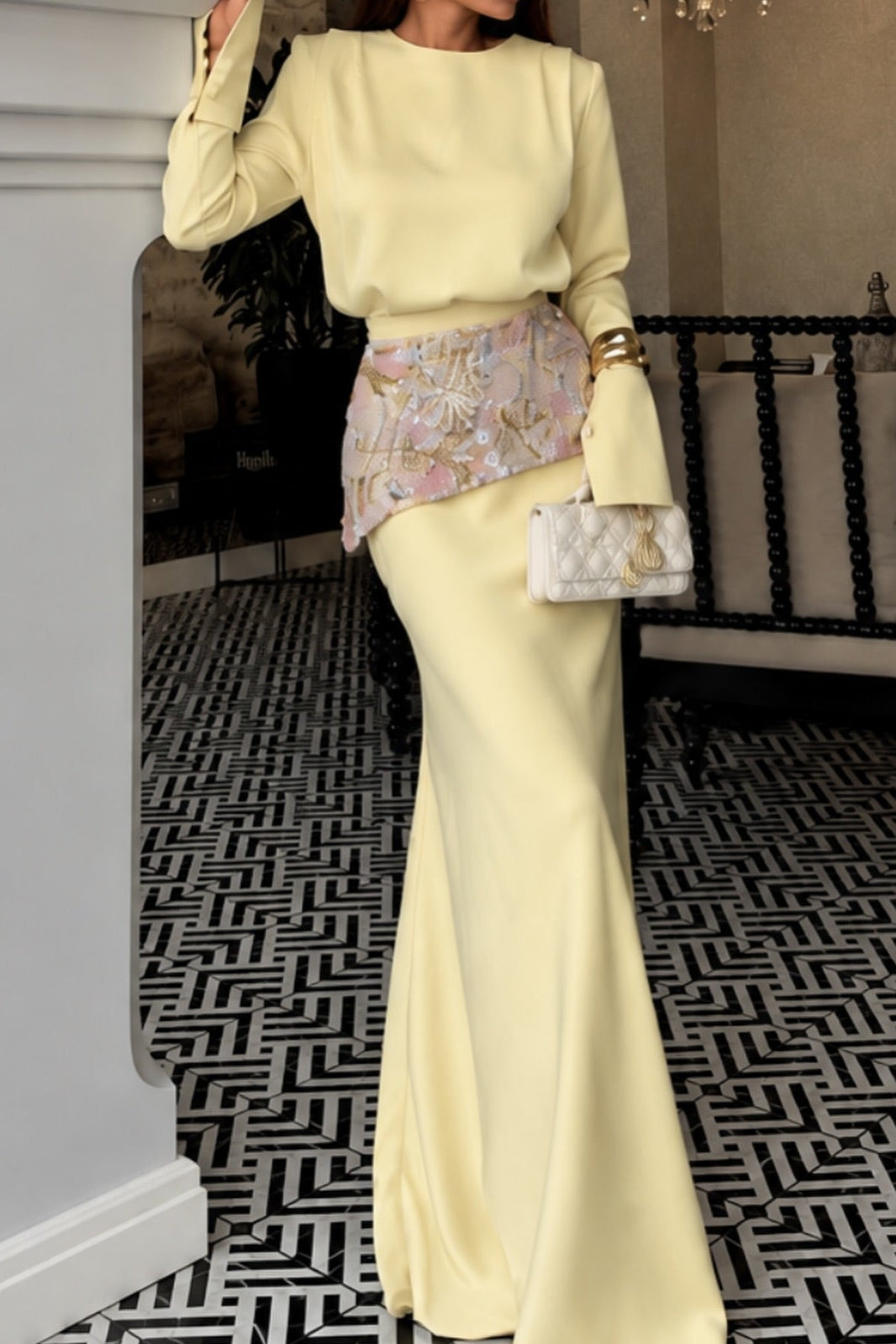Long Sleeve Maxi Dress with Embroidered Peplum