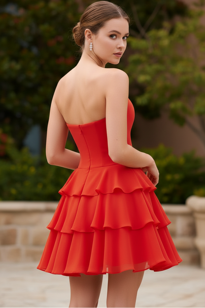 Strapless Tiered Chiffon Mini Dress with Bows