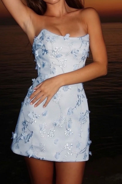 Strapless 3D Floral Embroidered Mini Dress