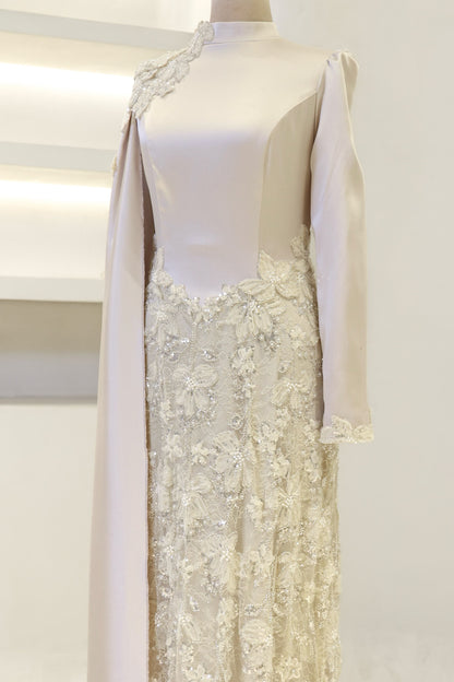 High-Neck Long-Sleeve Evening Gown with Floral Cape