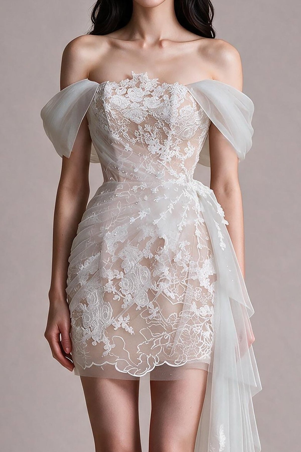 Lace Off-the-Shoulder Mini Dress with Side Train