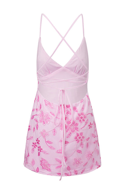 Sequin Floral Mesh Backless Mini Slip Dress