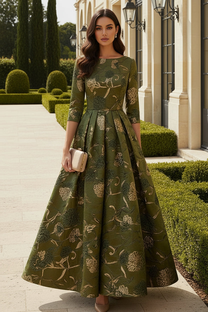 Floral Metallic Jacquard A-Line Dress with 3/4 Sleeves