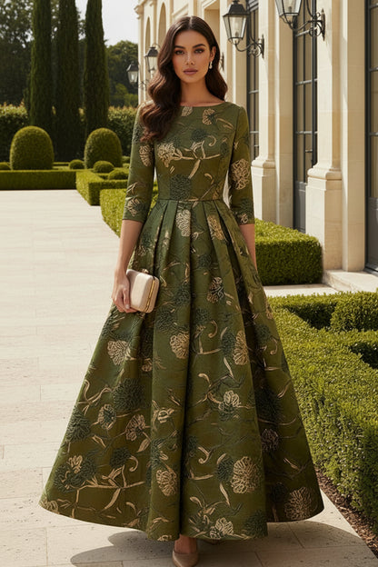 Floral Metallic Jacquard A-Line Dress with 3/4 Sleeves