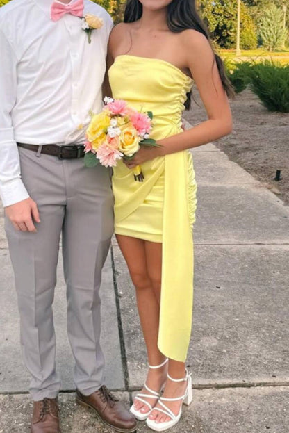 Strapless Ruched Satin Mini Dress with Side Drape
