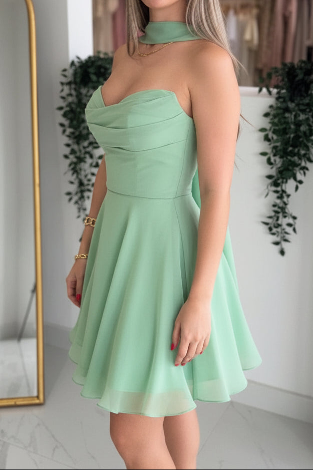 Sweetheart Fit-and-Flare Mini Dress with Halter Tie