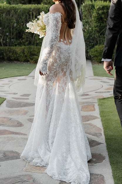 Off-Shoulder Lace Open-Back Wedding Gown