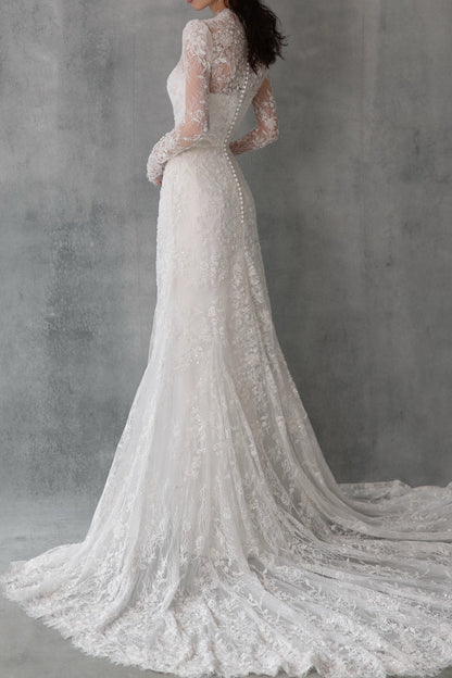 High-Neck Long-Sleeve Lace Fit and Flare Wedding Dress