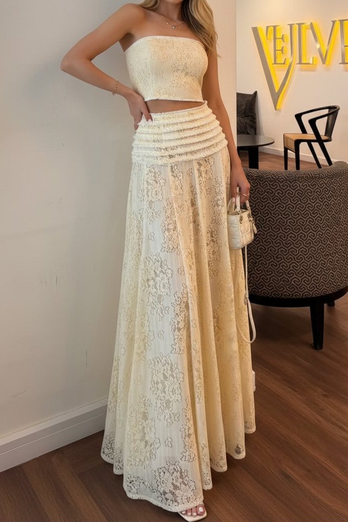 Strapless Floral Lace Crop Top and Maxi Skirt Set