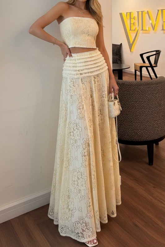 Strapless Floral Lace Crop Top and Maxi Skirt Set