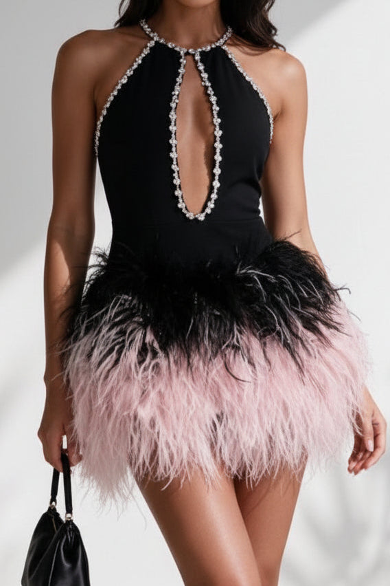 Halter Keyhole Mini Dress with Feather Skirt
